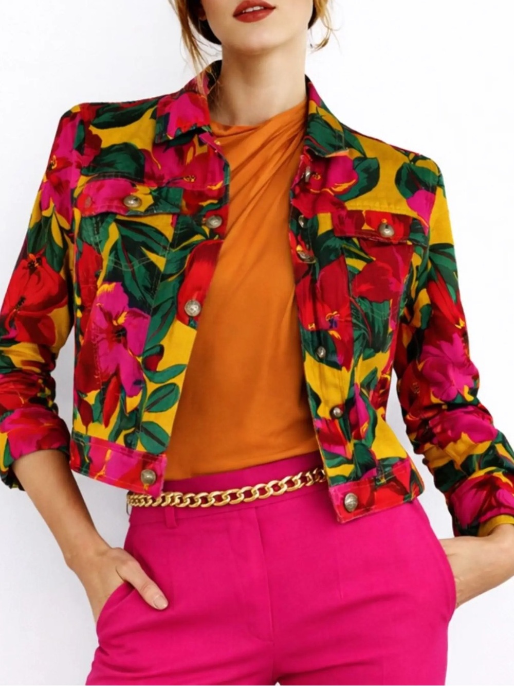 Tahari Bold Floral Cropped Jean Jacket - Yellow & Pink